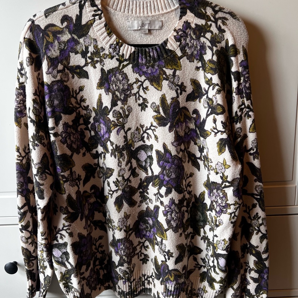 LOFT Cream Floral Crewneck Sweater with Purple and Olive Accents